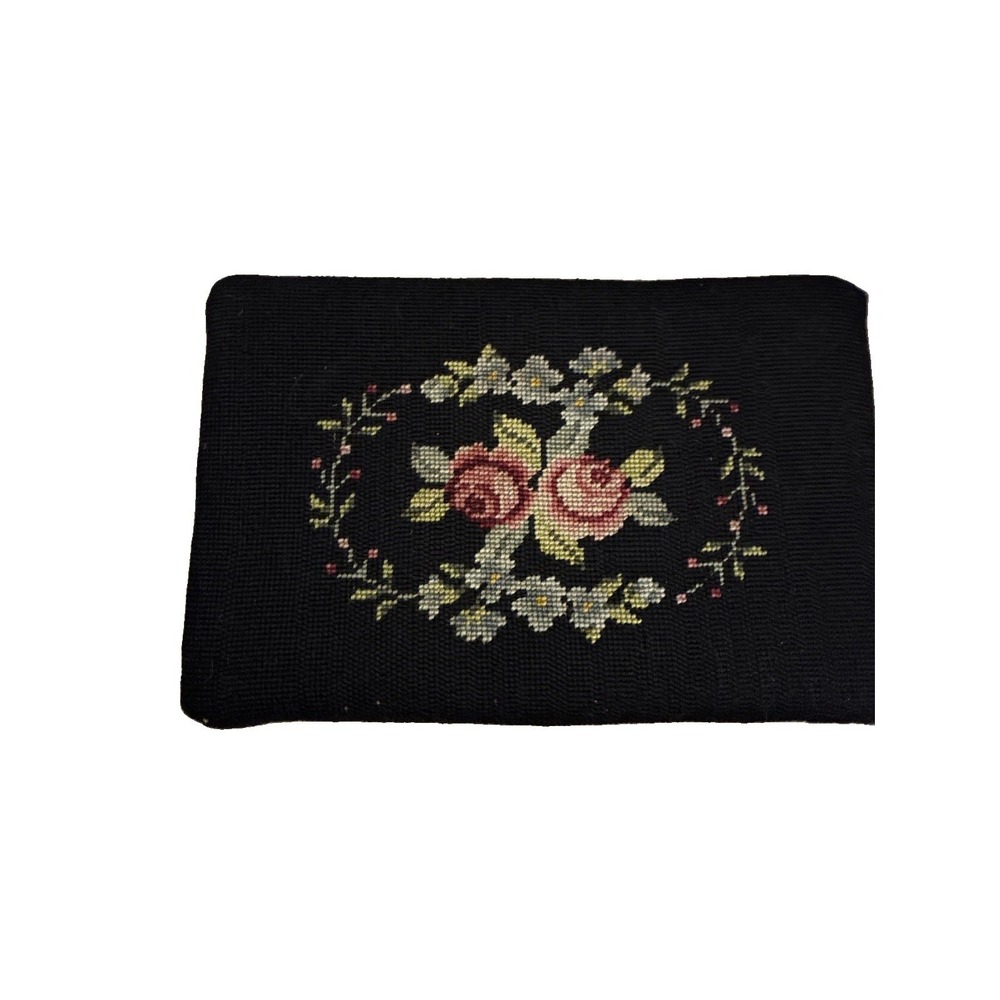 Vtg Victorian Style Needlepoint Maroon Roses Floral Footstool Stool Wood Legs